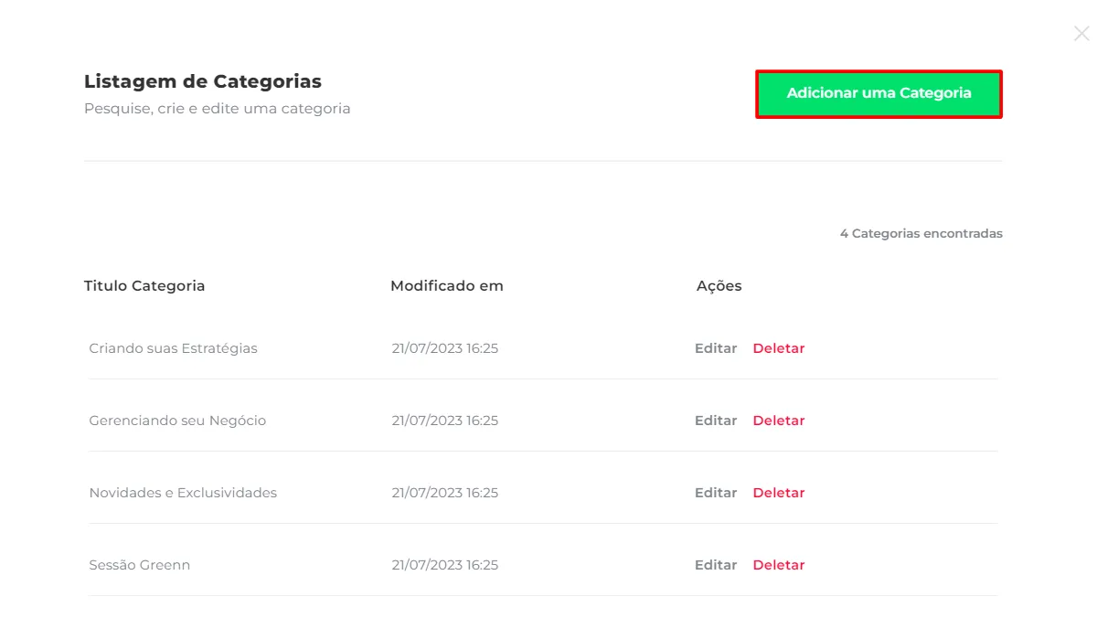 Tela de gerenciamento de categorias