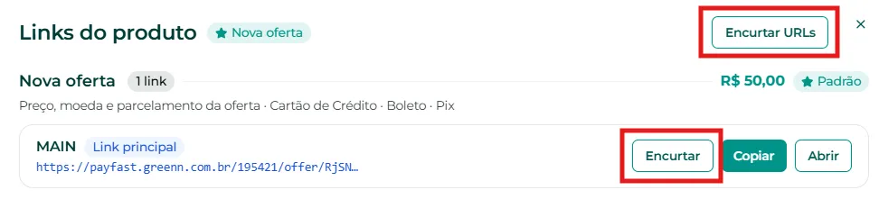 Botão Encurtar URLs na lista de links da oferta
