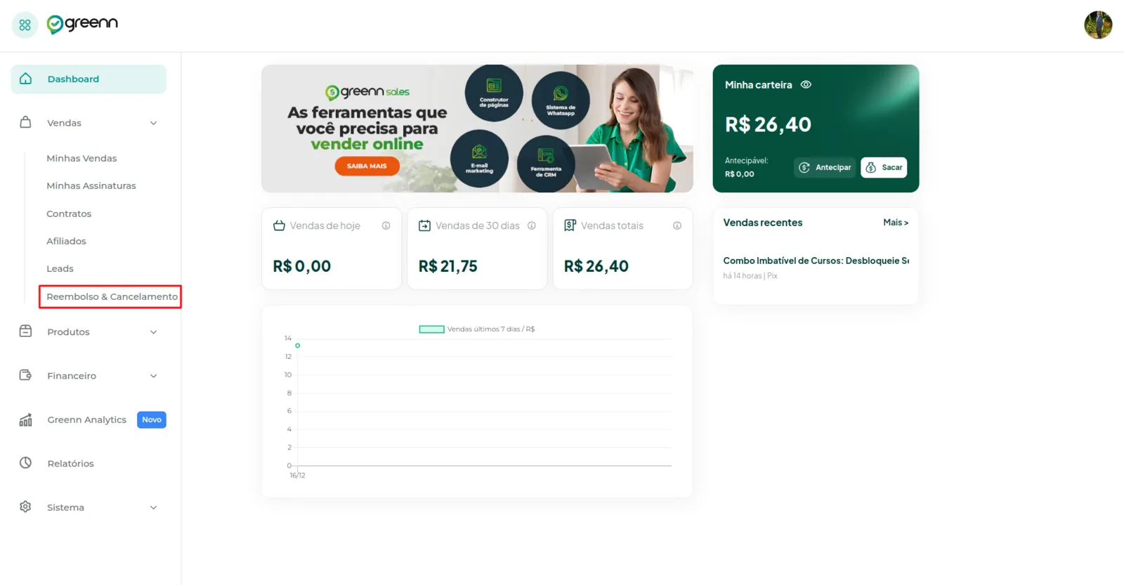 Menu Vendas com Reembolso & Cancelamento
