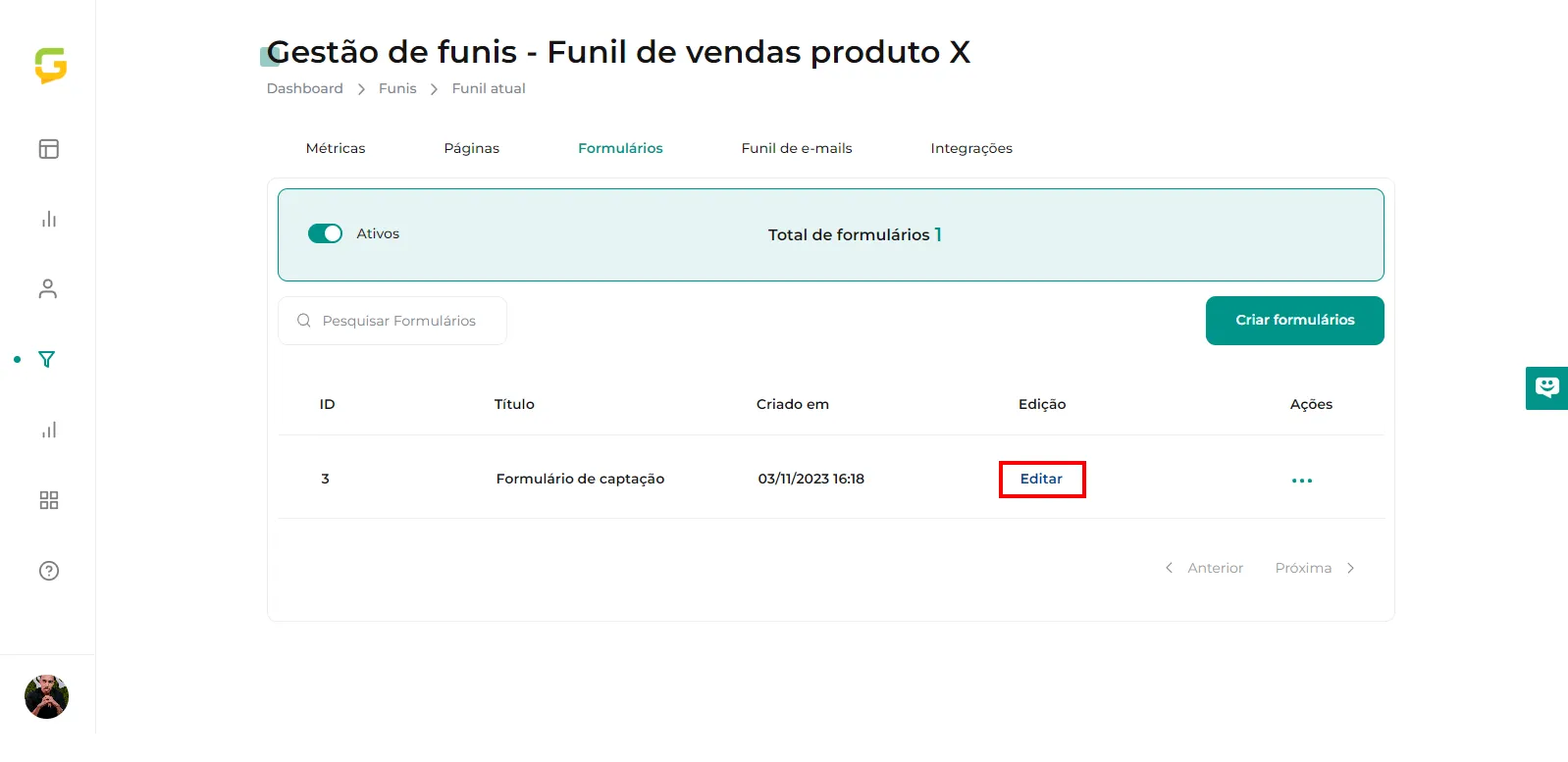Botão Editar do formulário que receberá a automação