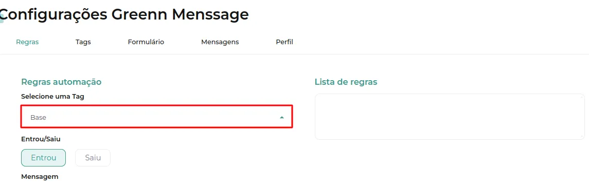 Tela da Greenn Sales: Selecione qual Tag irá enviar uma Mensagem personalizada