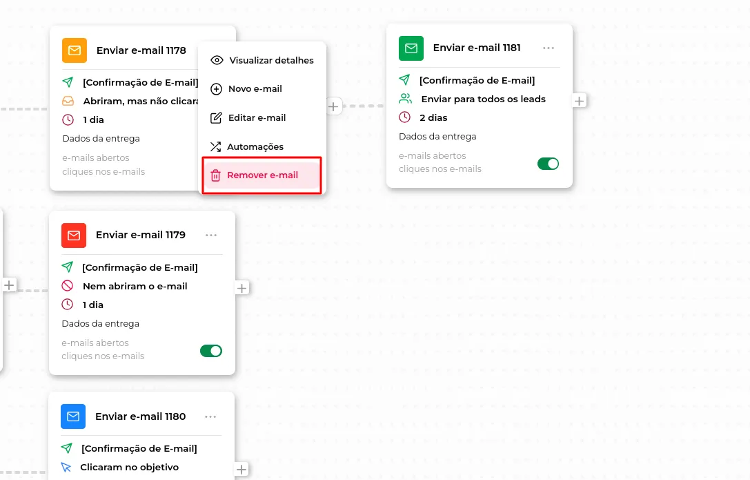 Tela do passo: Remover um E-mail da sua sequência é de fato muito simples, basta você clicar nesses 3 pontos