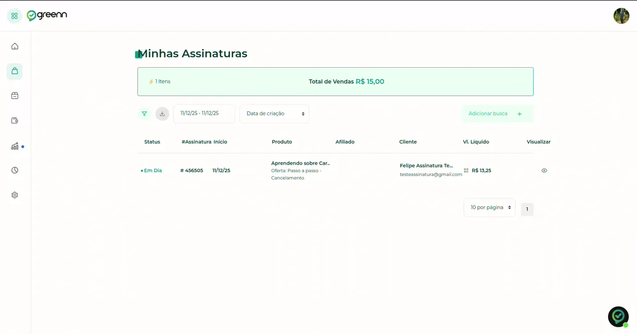 Filtro de data na tela Minhas Assinaturas