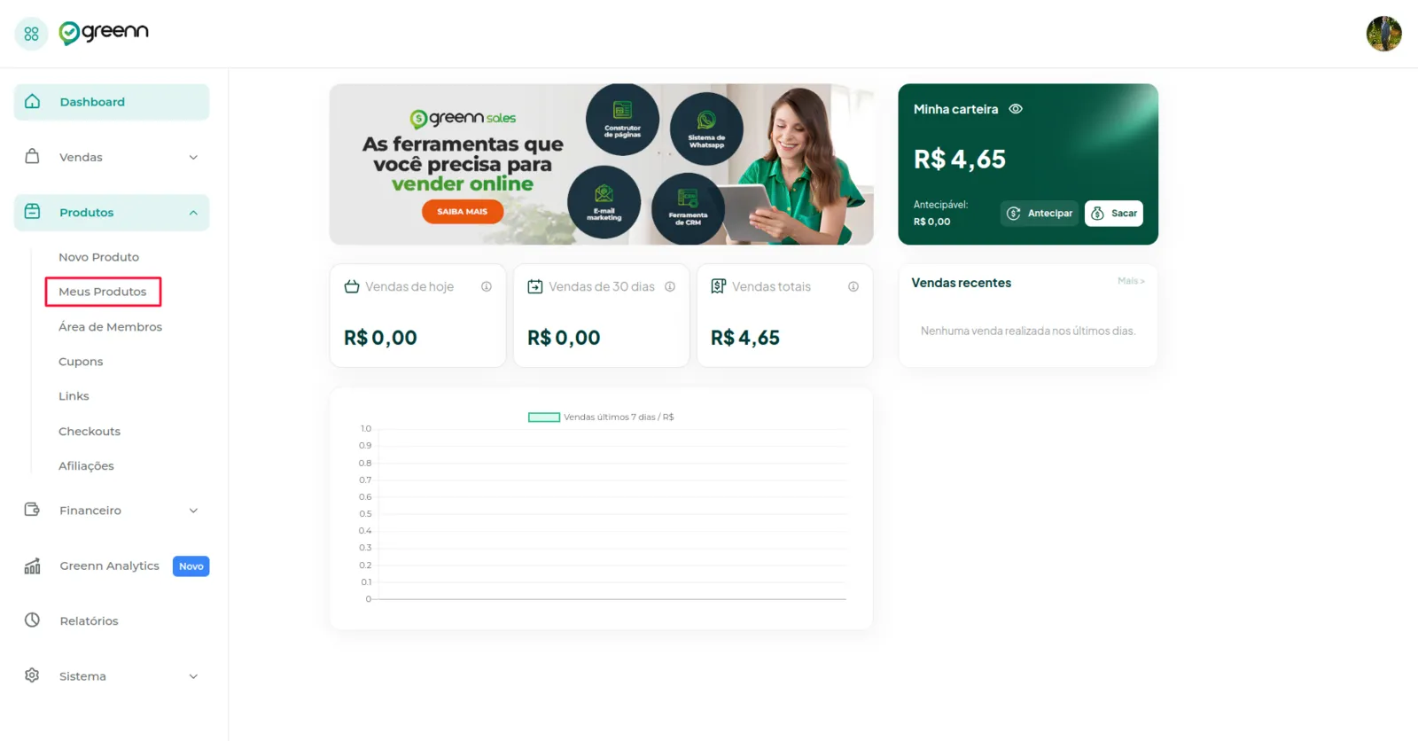 Aba Meus Produtos com a lista de produtos
