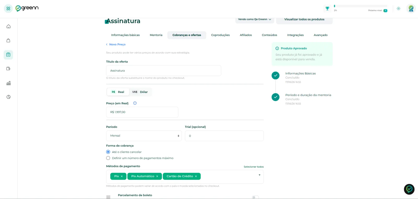 Formulário de nova oferta de assinatura