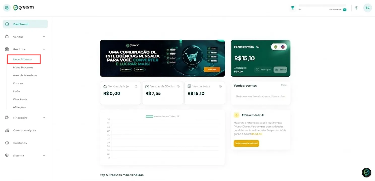 Barra lateral com Produtos e a opção Novo Produto