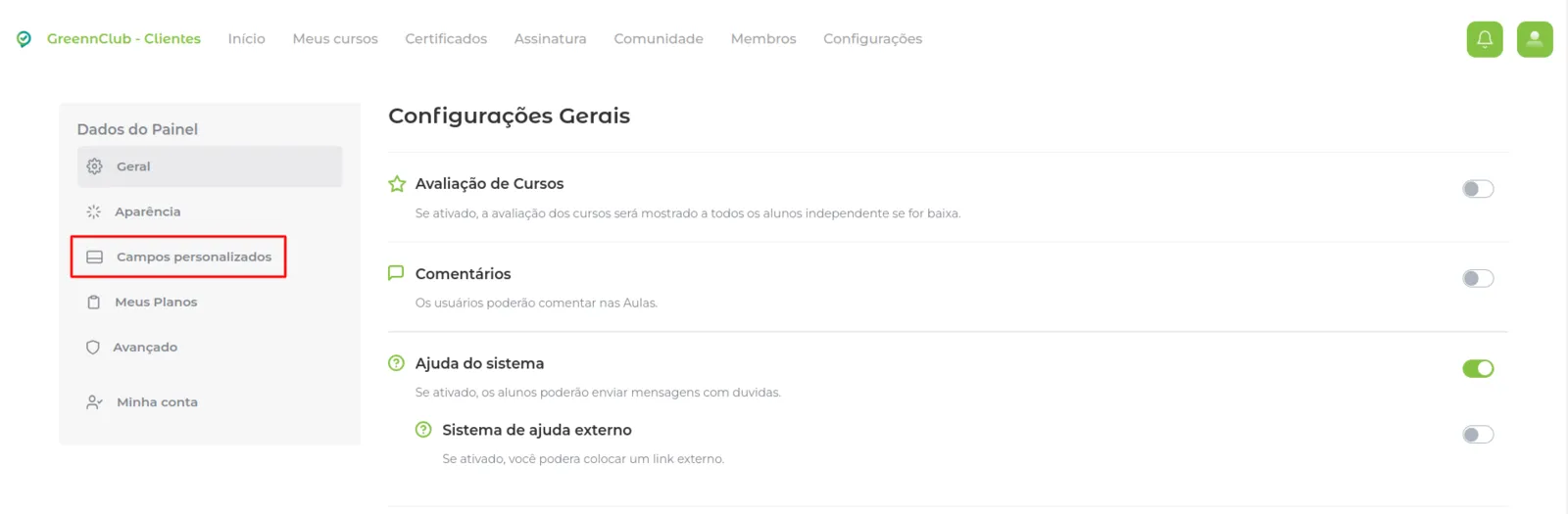 Opção Campos Personalizados