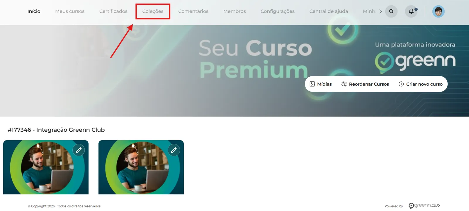 Menu Coleções da área de membros