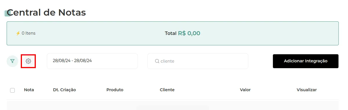 Engrenagem de configuração da Central de Notas