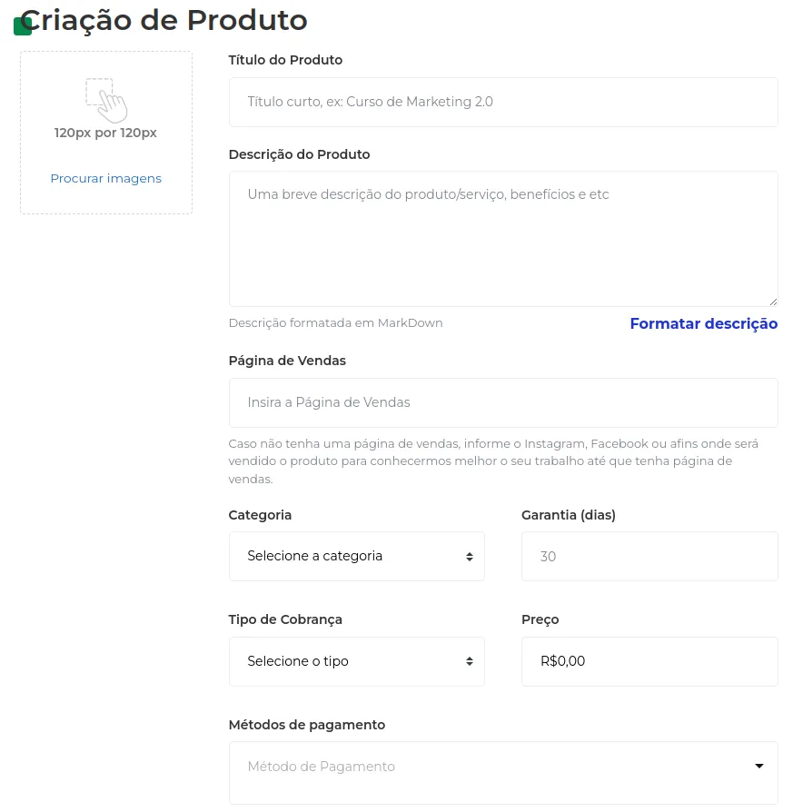 Formulário de informações iniciais do produto