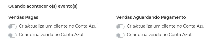 Lista de eventos da integração com a Conta Azul