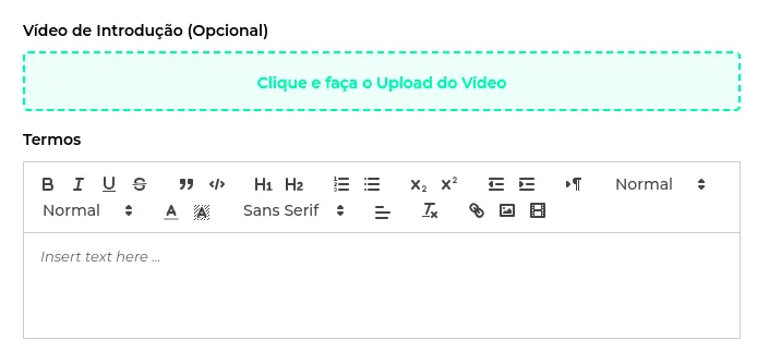 Campos de vídeo de introdução e termos em texto