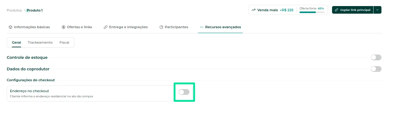 Seção Configurações do checkout com Endereço no checkout ativado