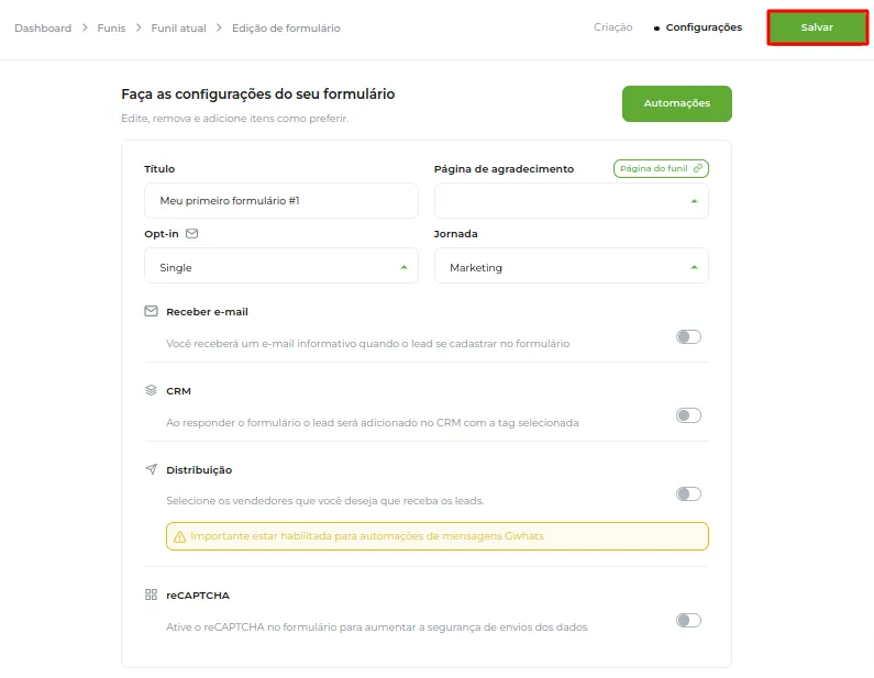 Tela da Greenn Sales: Agora clique em Automações