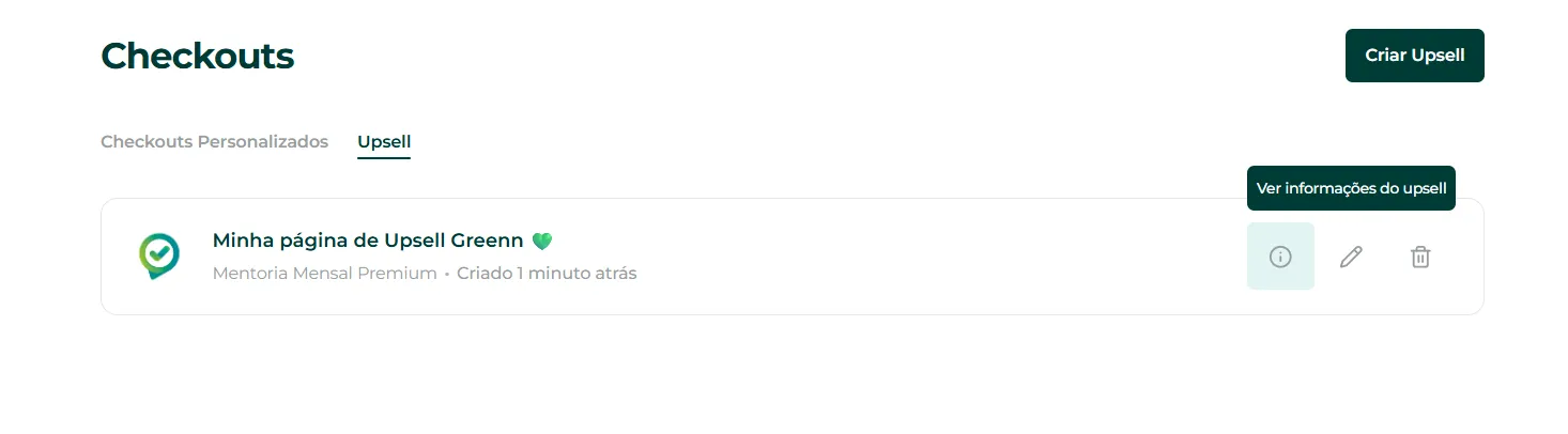 Informações do upsell com o link gerado