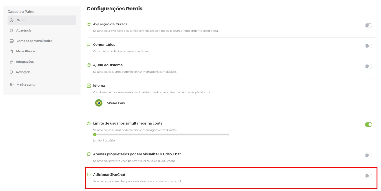 Opção JivoChat nas configurações gerais