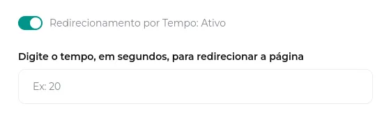 Tela do passo: Redirecionamento por tempo: Onde você define quantos segundos após o lead estar na página vai acontecer o