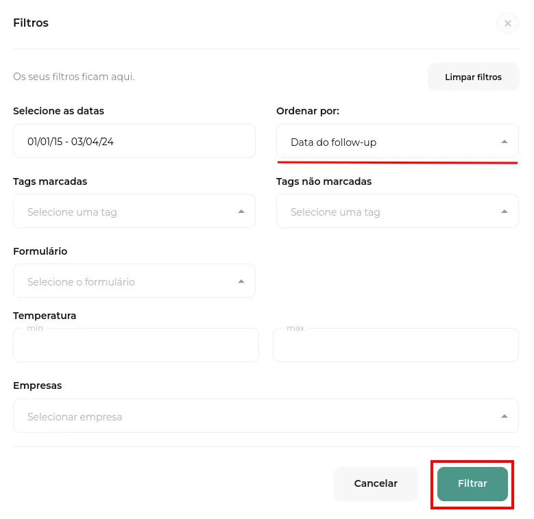 Seleção de Follow-up e botão Filtrar