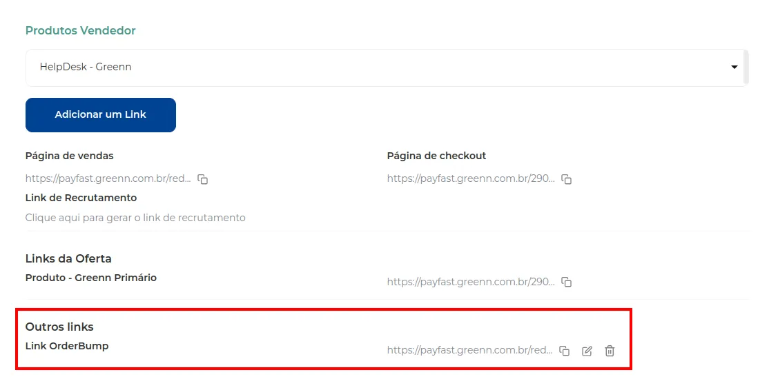 Link criado com a opção de copiar