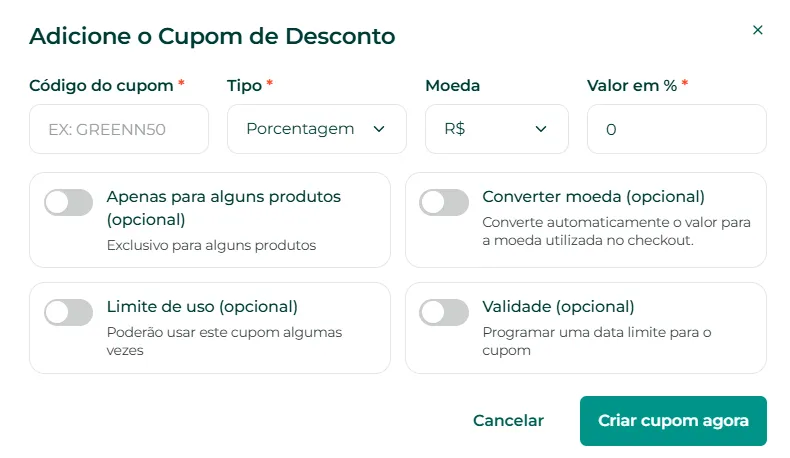 Campos para criar um novo cupom dentro da oferta
