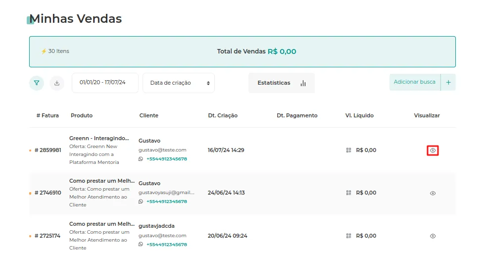Venda na lista com o ícone de olho