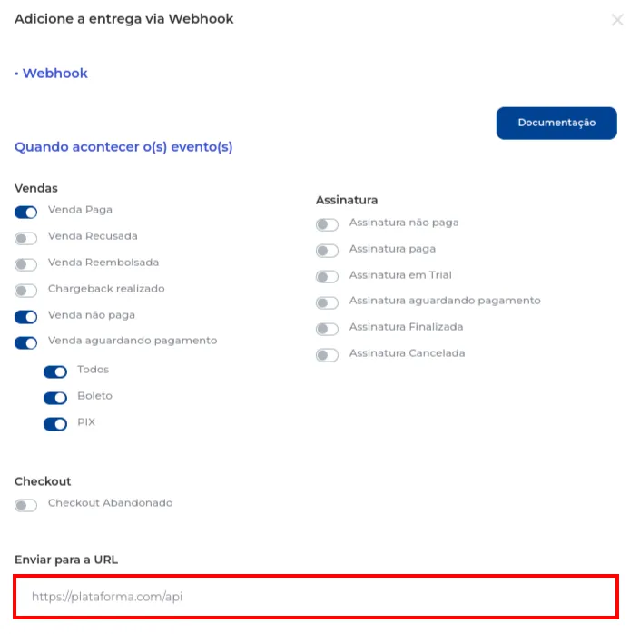 Campo para a URL do webhook