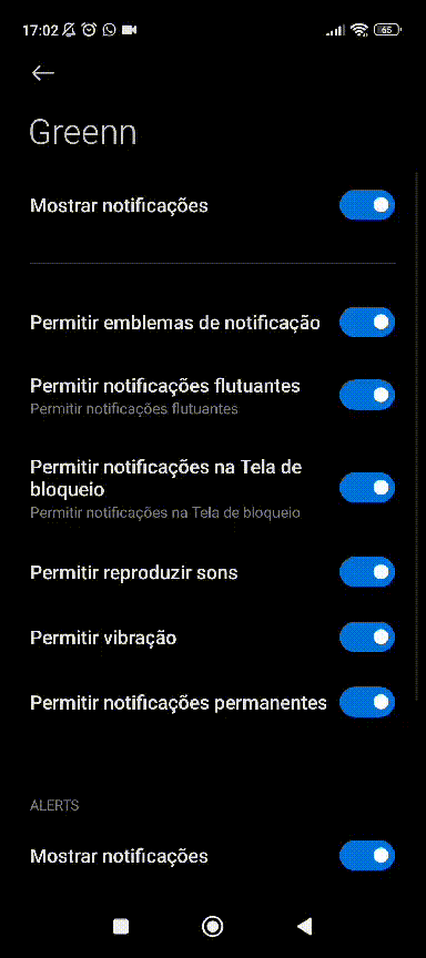 Notificações do app com Todas as Notificações ativas
