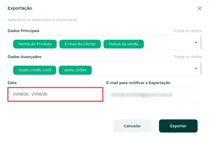 Campo Data da exportação