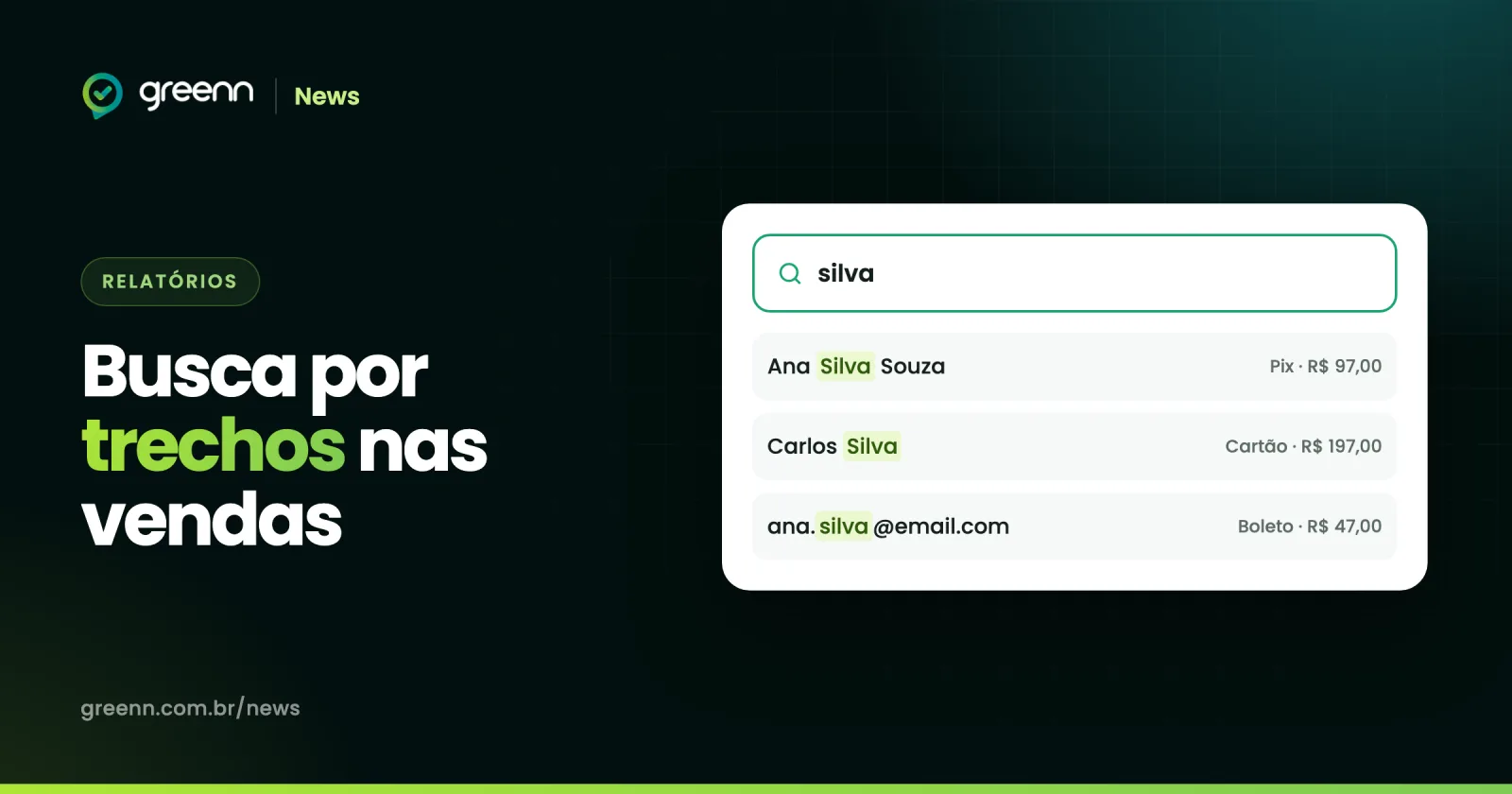 Ilustração da busca por trecho na tela de vendas, com resultados em que o termo buscado aparece destacado no nome e no e-mail
