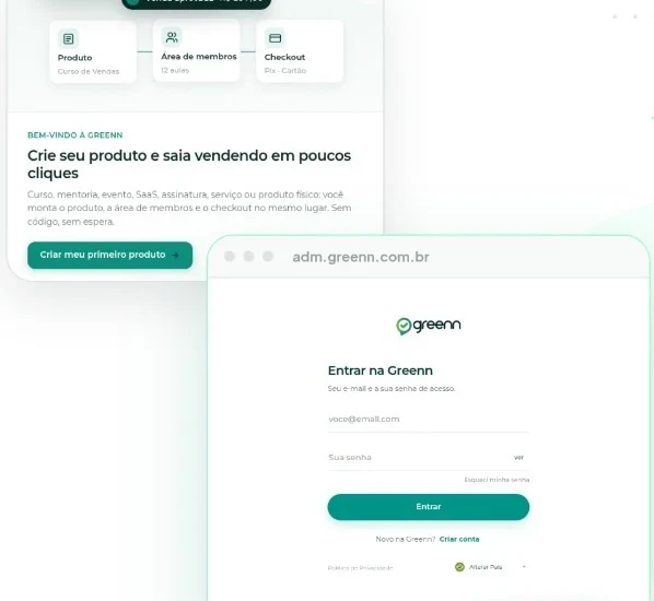 A boas-vindas leva direto à criação do primeiro produto; ao lado, a tela de entrada só com e-mail e senha