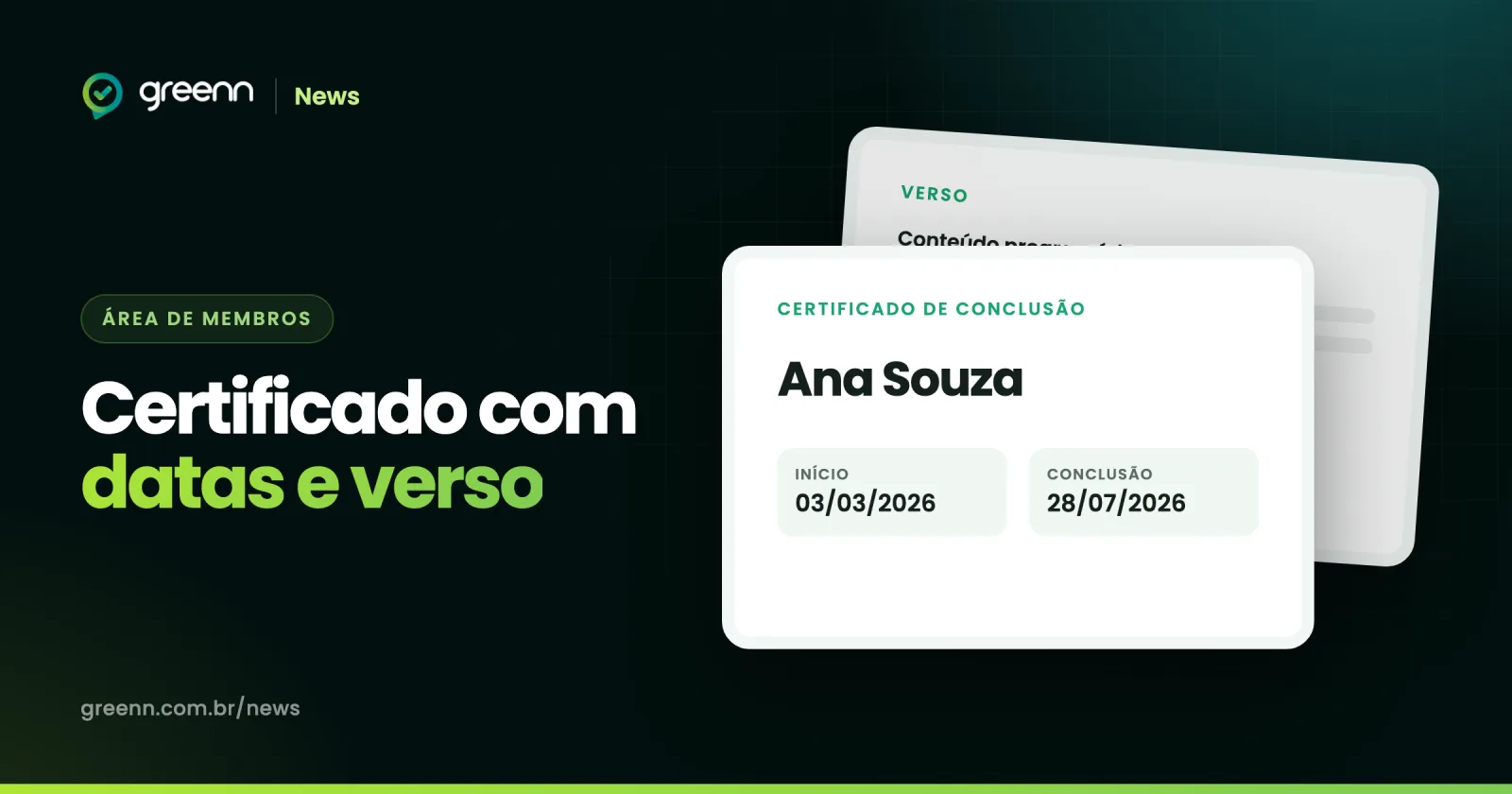 Ilustração de um certificado de conclusão do Greenn Club com datas de início e de conclusão, e o verso com o conteúdo programático