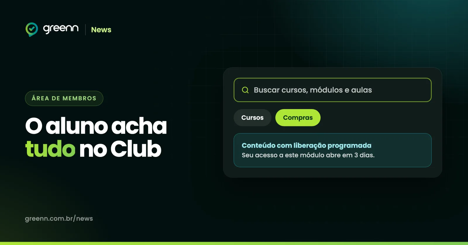 Ilustração da área de membros do Greenn Club com campo de busca, aba Compras e aviso de conteúdo com liberação programada