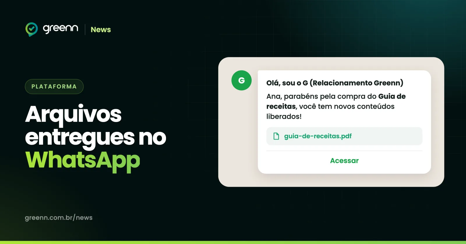 Ilustração da mensagem de WhatsApp da Greenn com o link de acesso a um arquivo PDF comprado