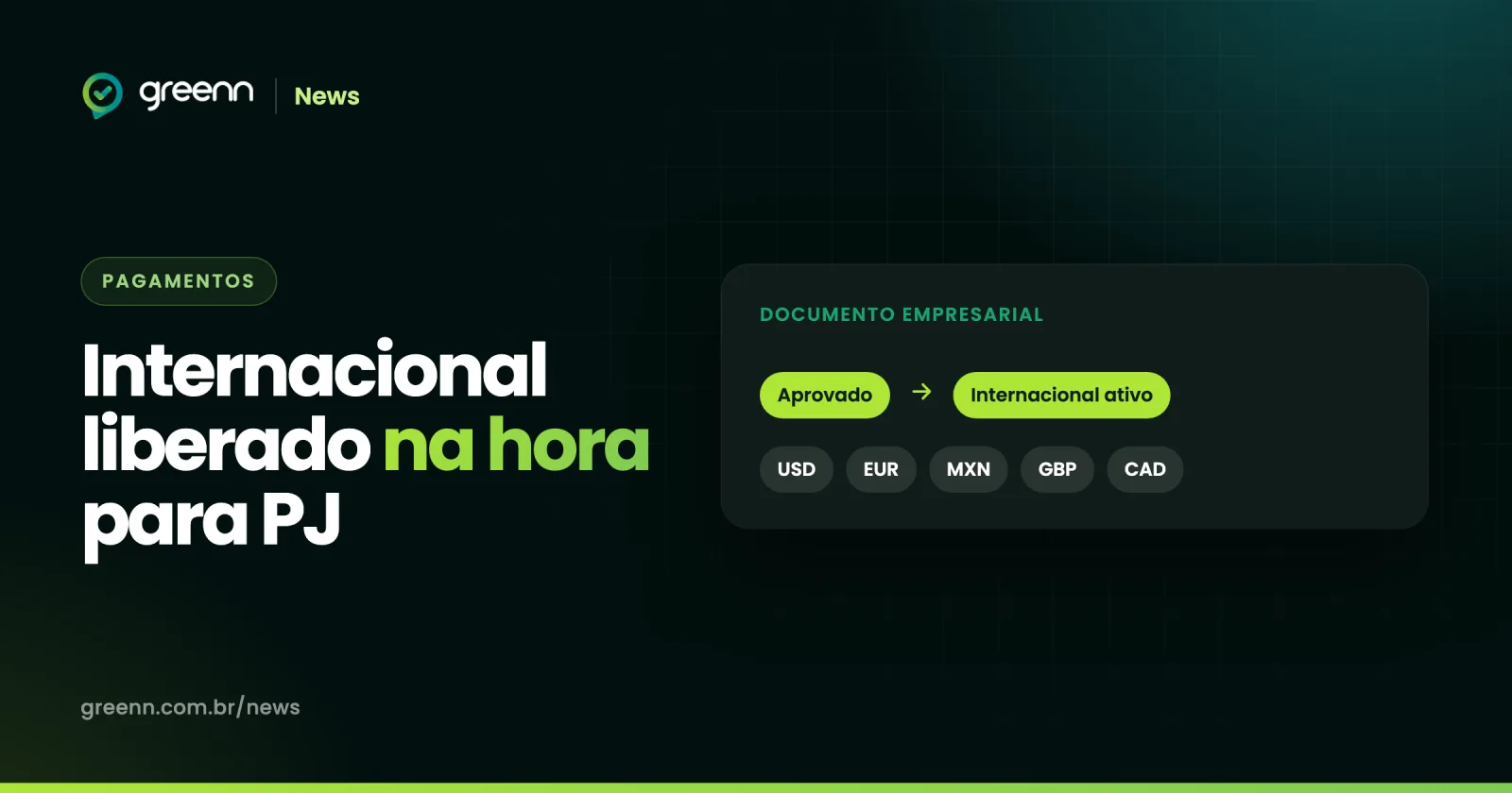 Documento empresarial aprovado e o internacional ativo, com moedas como USD, EUR e MXN ao redor de um globo