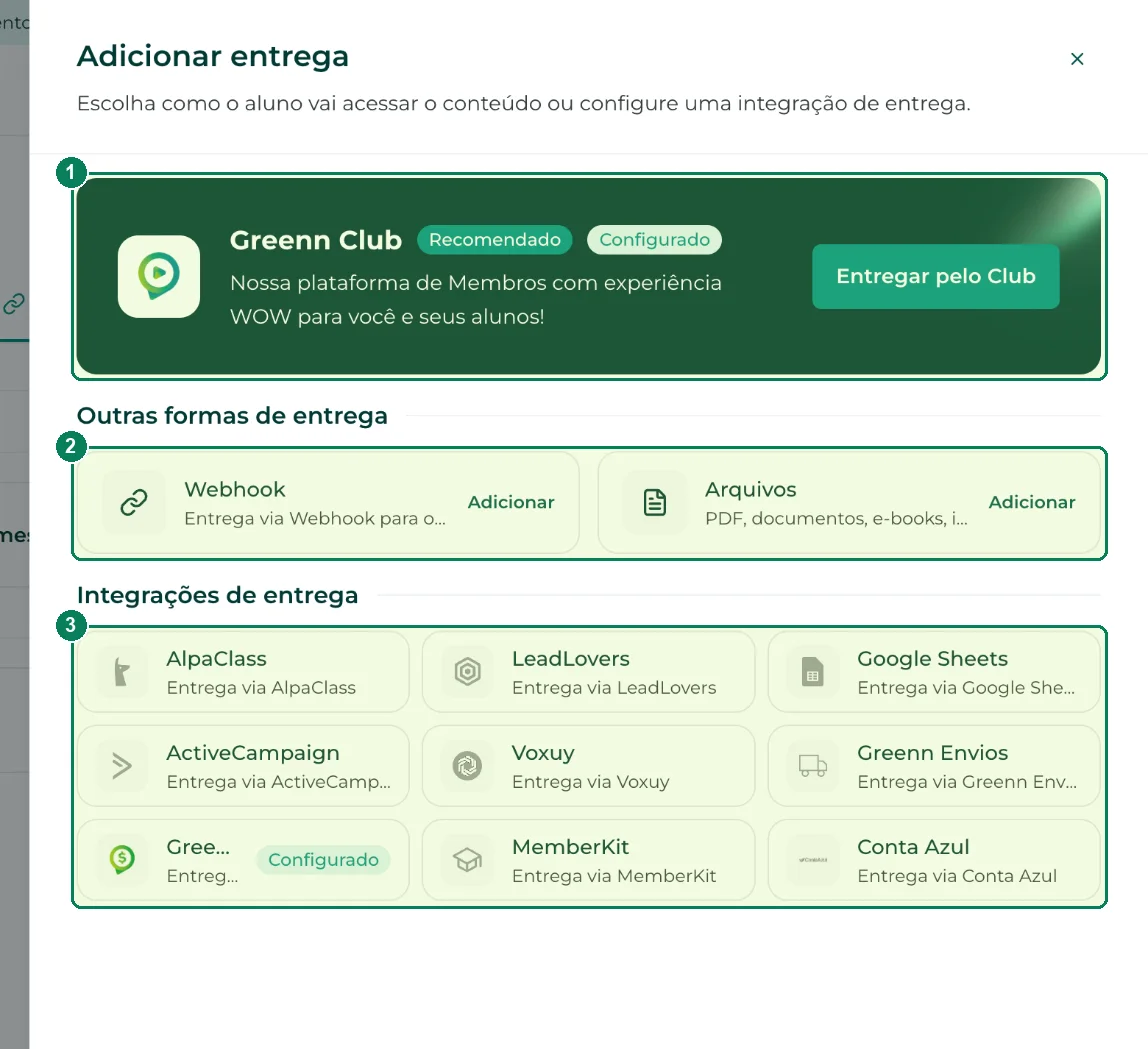 A gaveta Adicionar entrega: (1) Greenn Club, (2) webhook e arquivos e (3) as integrações de entrega