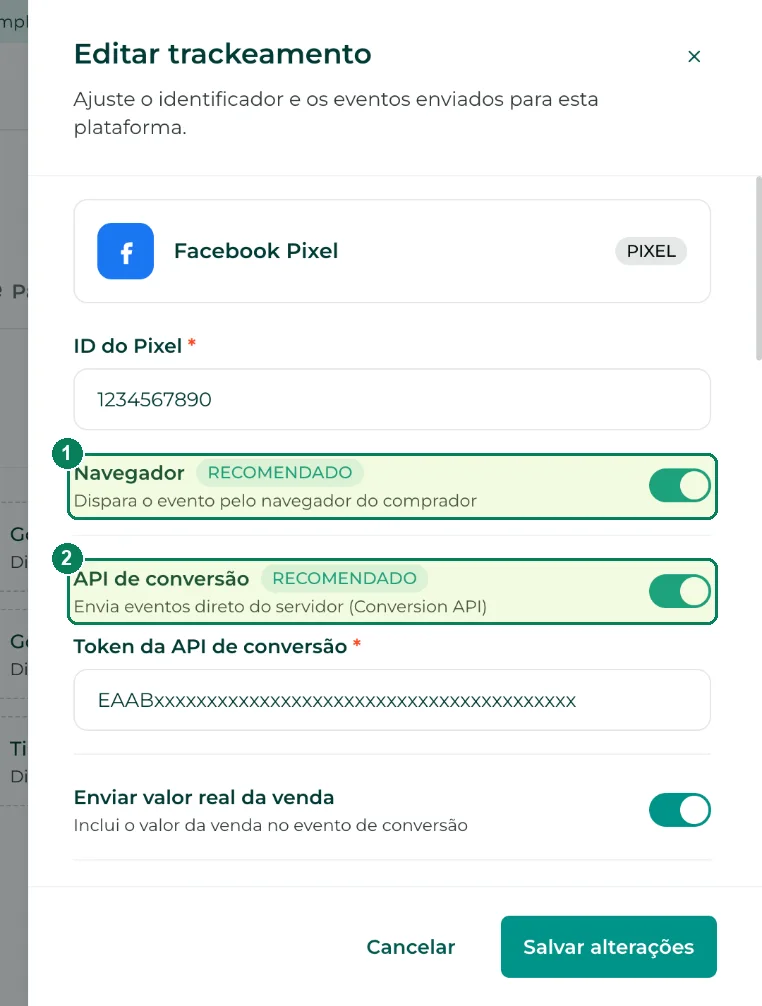 O painel do Facebook Pixel: (1) Navegador e (2) API de conversão, os dois recomendados