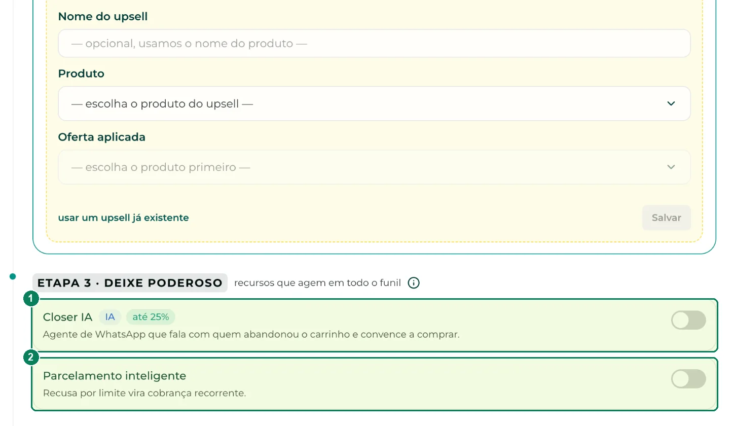 Etapa 3 do Venda Mais com o Closer IA e o parcelamento inteligente ligados com um clique