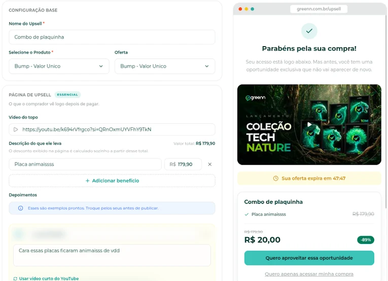 À esquerda, o editor do upsell; à direita, a página que o comprador vê depois de pagar, com cronômetro e botão de compra