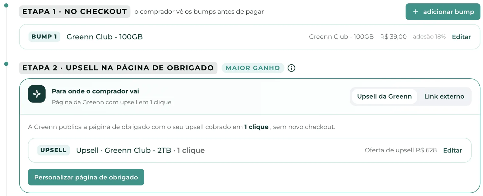 Etapa 1 com o order bump no checkout e Etapa 2 com o upsell em 1 clique na página de obrigado