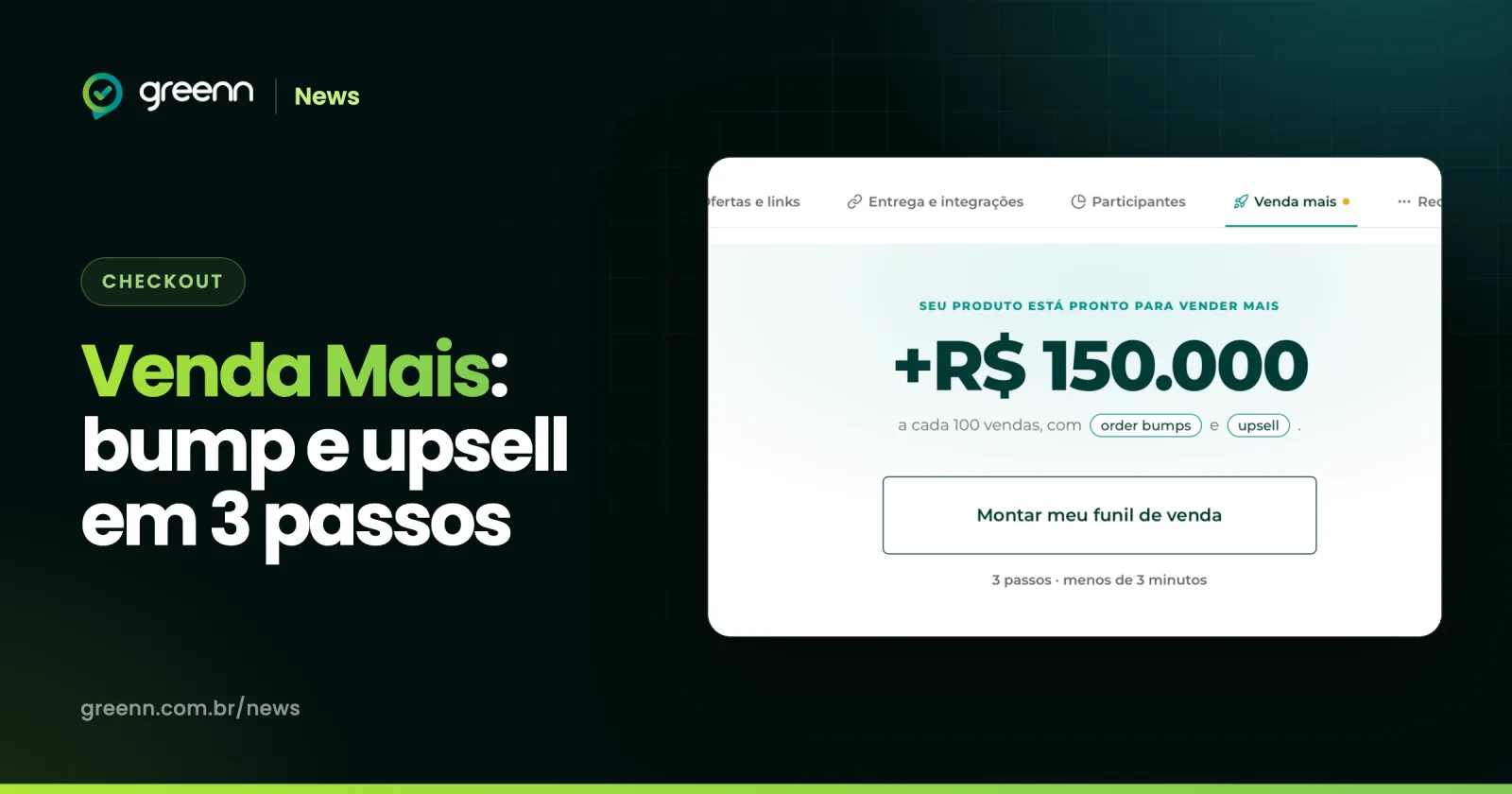 Tela do Venda Mais na Greenn mostrando o ganho estimado a cada 100 vendas e o botão Montar meu funil de venda