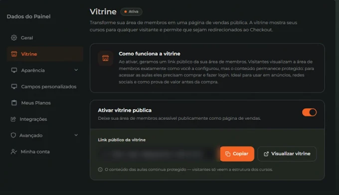 Em Dados do Painel, a opção Vitrine: ative a vitrine pública, copie o link ou visualize como o visitante vê