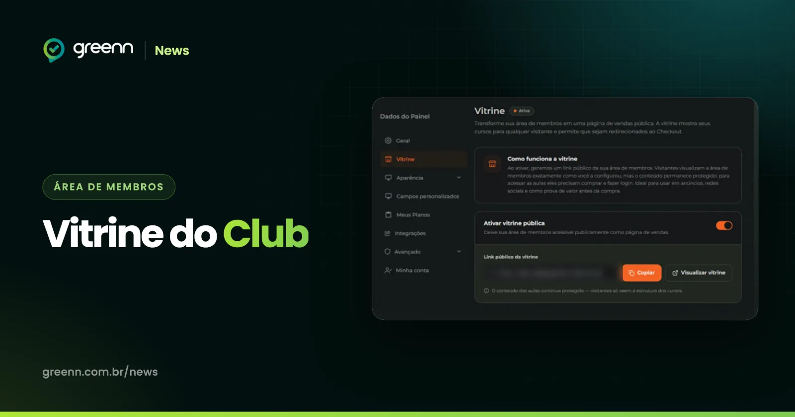 Tela de configuração da vitrine do Greenn Club, com a opção de ativar a vitrine pública e copiar o link